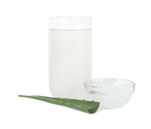 Photo of Tasty aloe juice in glass, pulp and fresh leaf isolated on white