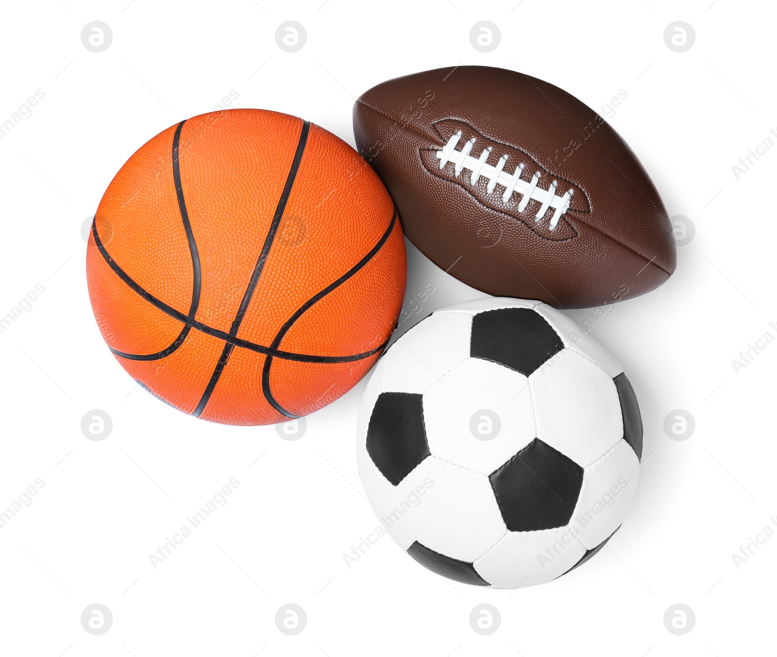 Photo of Set of different sport balls on white background, top view