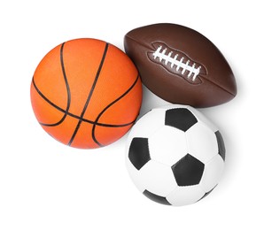 Photo of Set of different sport balls on white background, top view