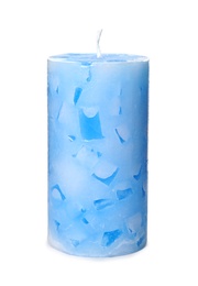 Photo of Scented color wax candle on white background