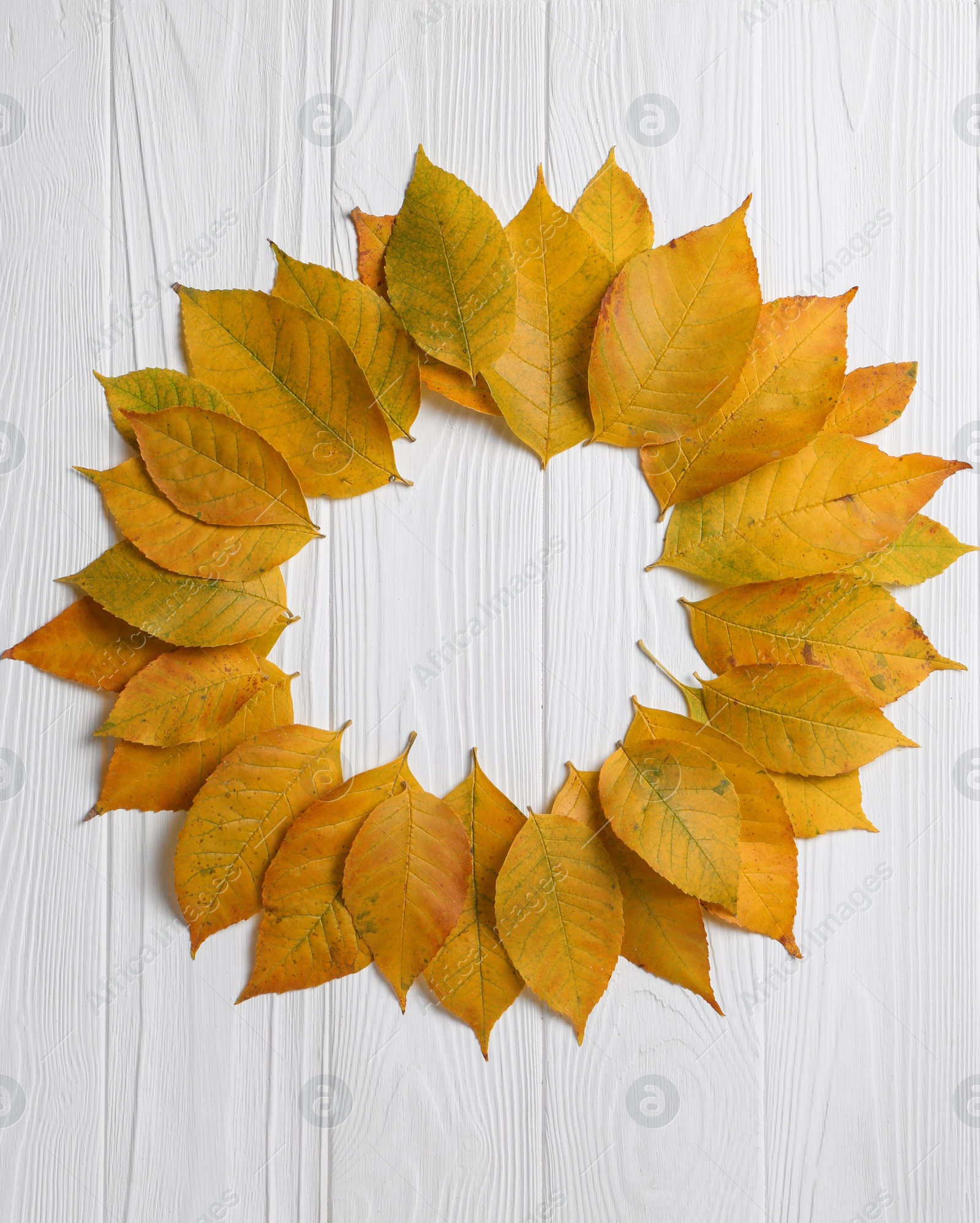 Photo of Frame of autumn leaves on white wooden table, top view. Space for text