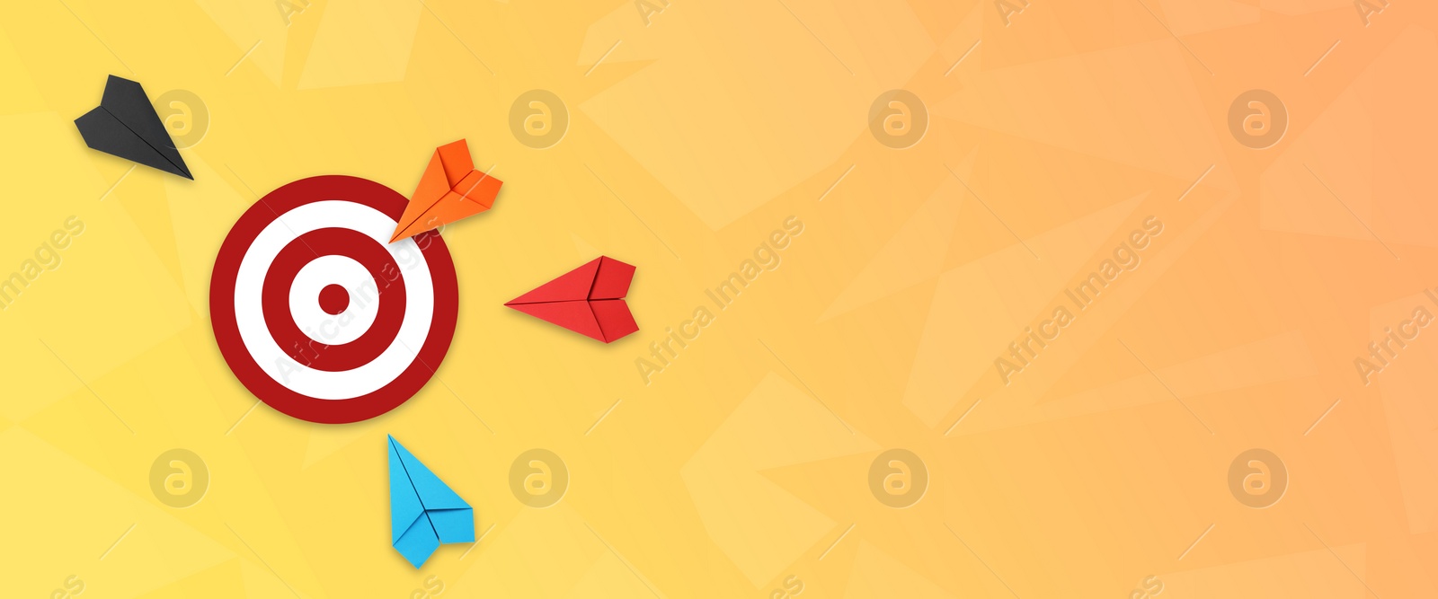 Image of Target achievement. Paper planes heading to dartboard on gradient color background, space for text. Banner design