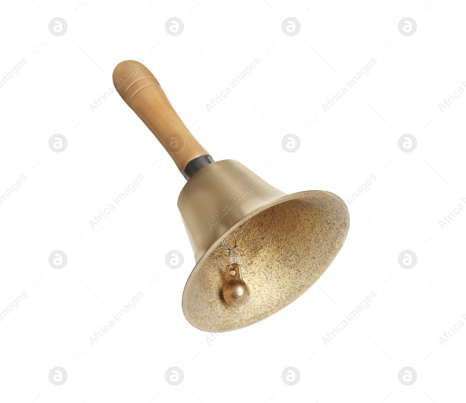 Photo of Golden school bell with wooden handle isolated on white