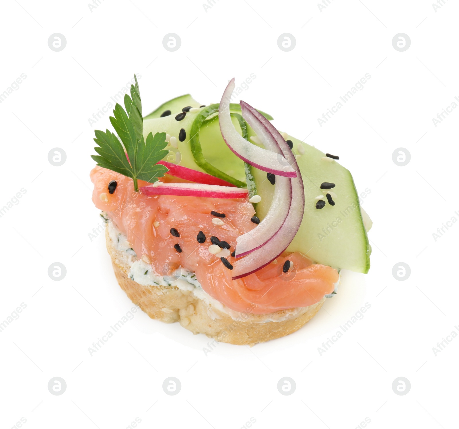 Photo of Tasty canape with salmon, cucumber, radish and cream cheese isolated on white