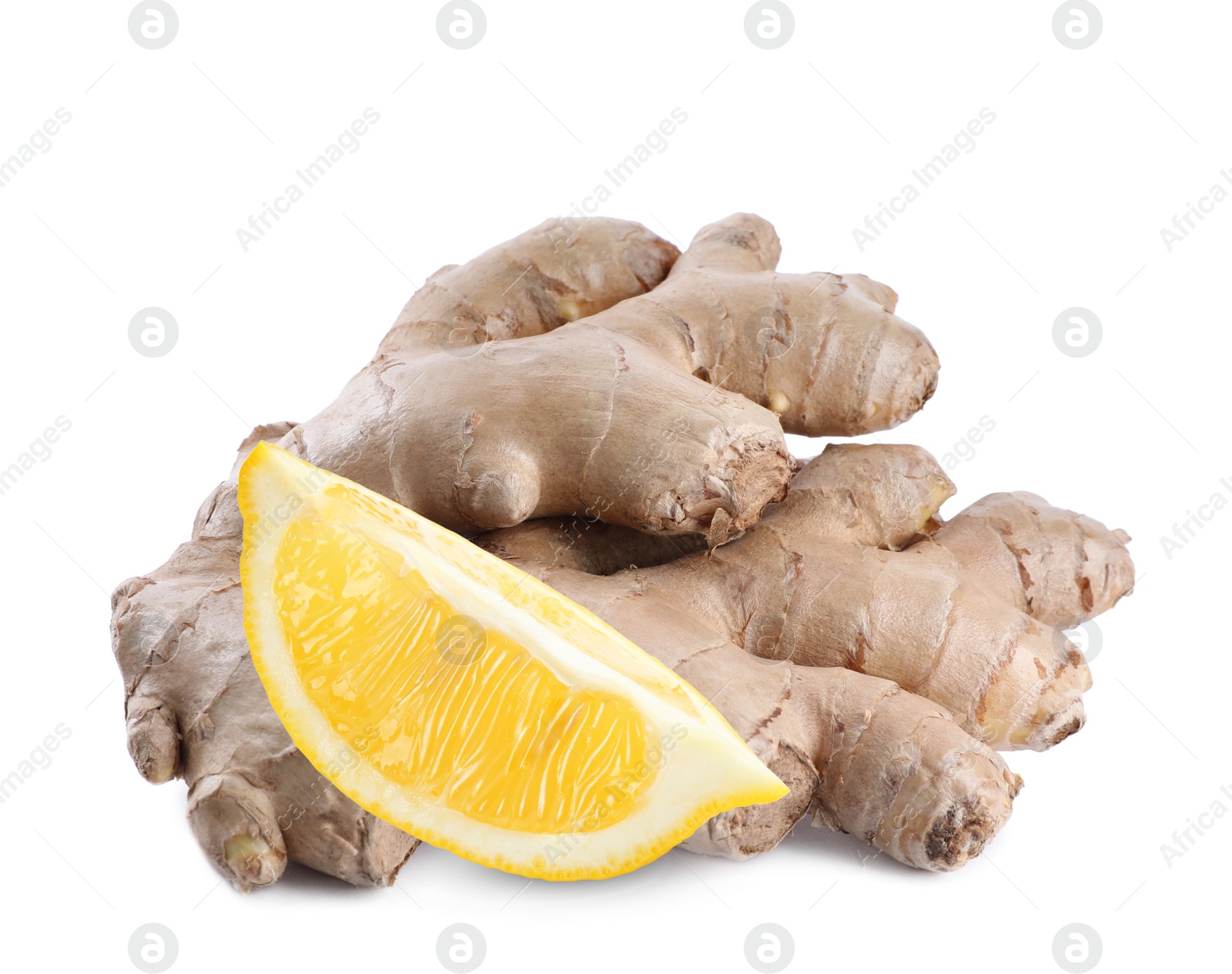 Image of Fresh ginger root and lemon on white background