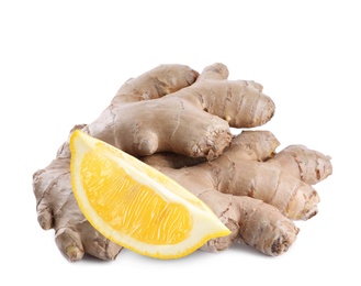 Image of Fresh ginger root and lemon on white background