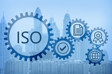 Image of International Organization for Standardization (ISO). Different virtual icons and cityscape on background