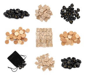 Image of Collage with sets of black stone and wooden runes on white background. Divination tool