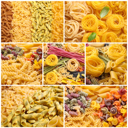 Image of Different types of uncooked pasta. Photo collage