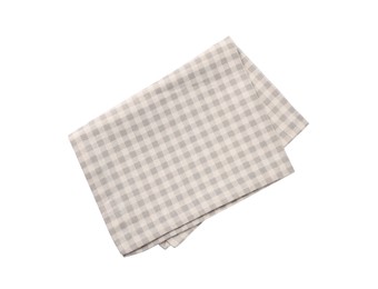 Photo of Beige checkered tablecloth on white background, top view