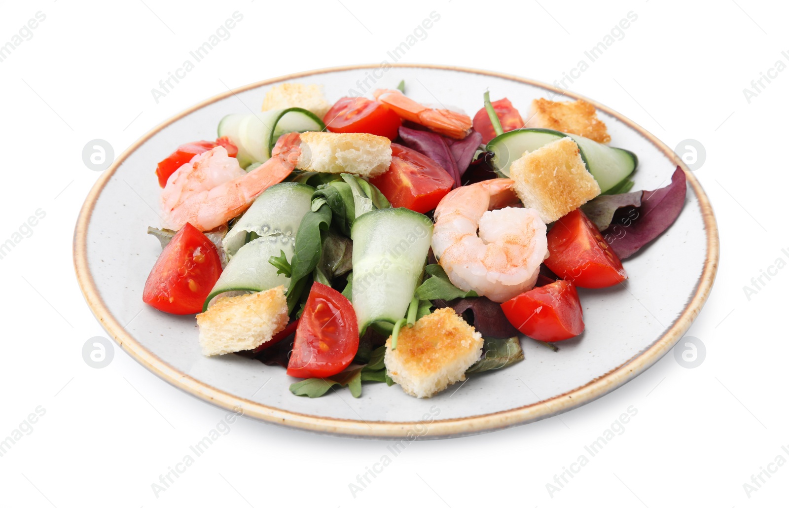 Photo of Tasty salad with croutons, tomato and shrimps isolated on white