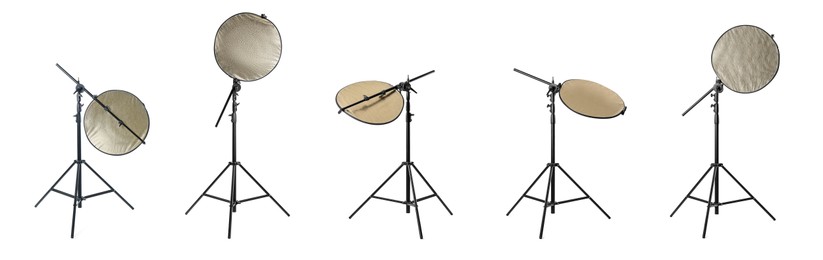 Set of tripods with reflectors on white background, banner design. Professional photographer's equipment