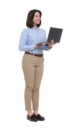 Happy businesswoman woman using laptop on white background