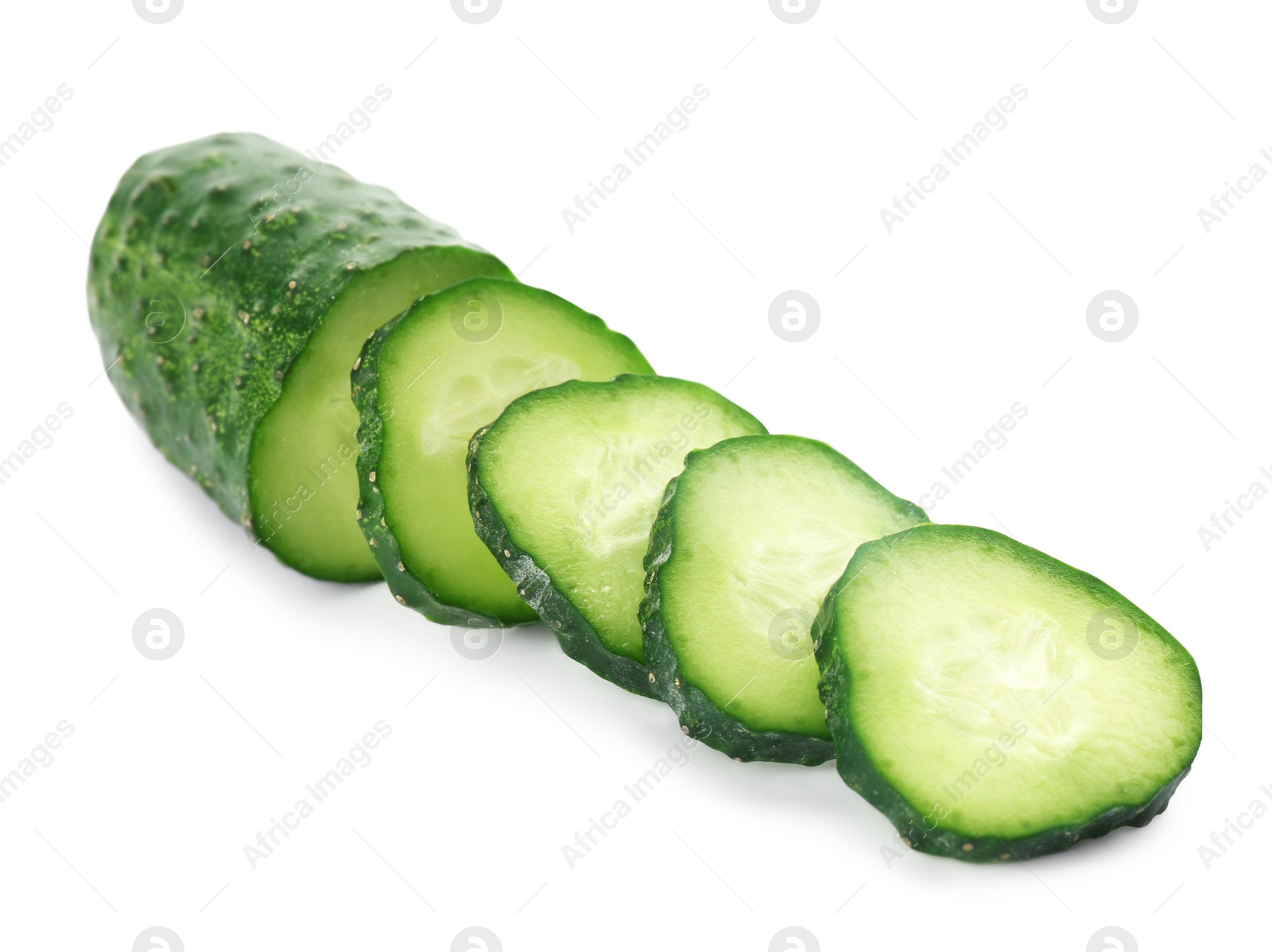 Photo of Fresh green sliced cucumber on white background