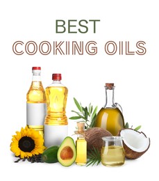 Image of Best for cooking. Different oils and ingredients on white background