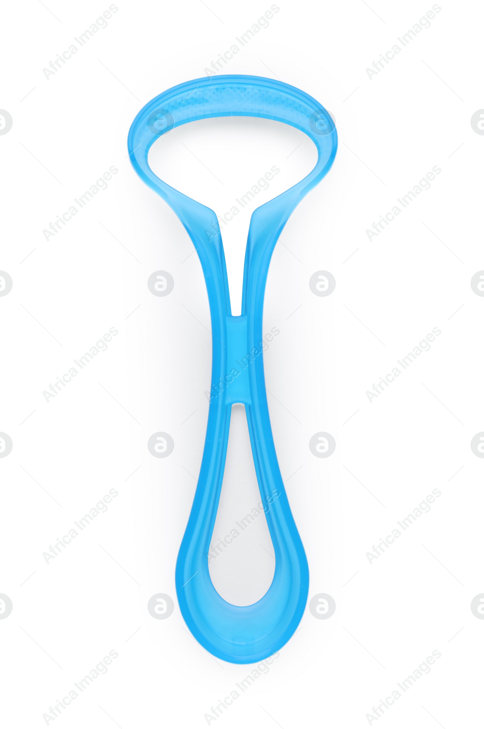 Photo of One light blue tongue cleaner isolated on white, top view. Dental care