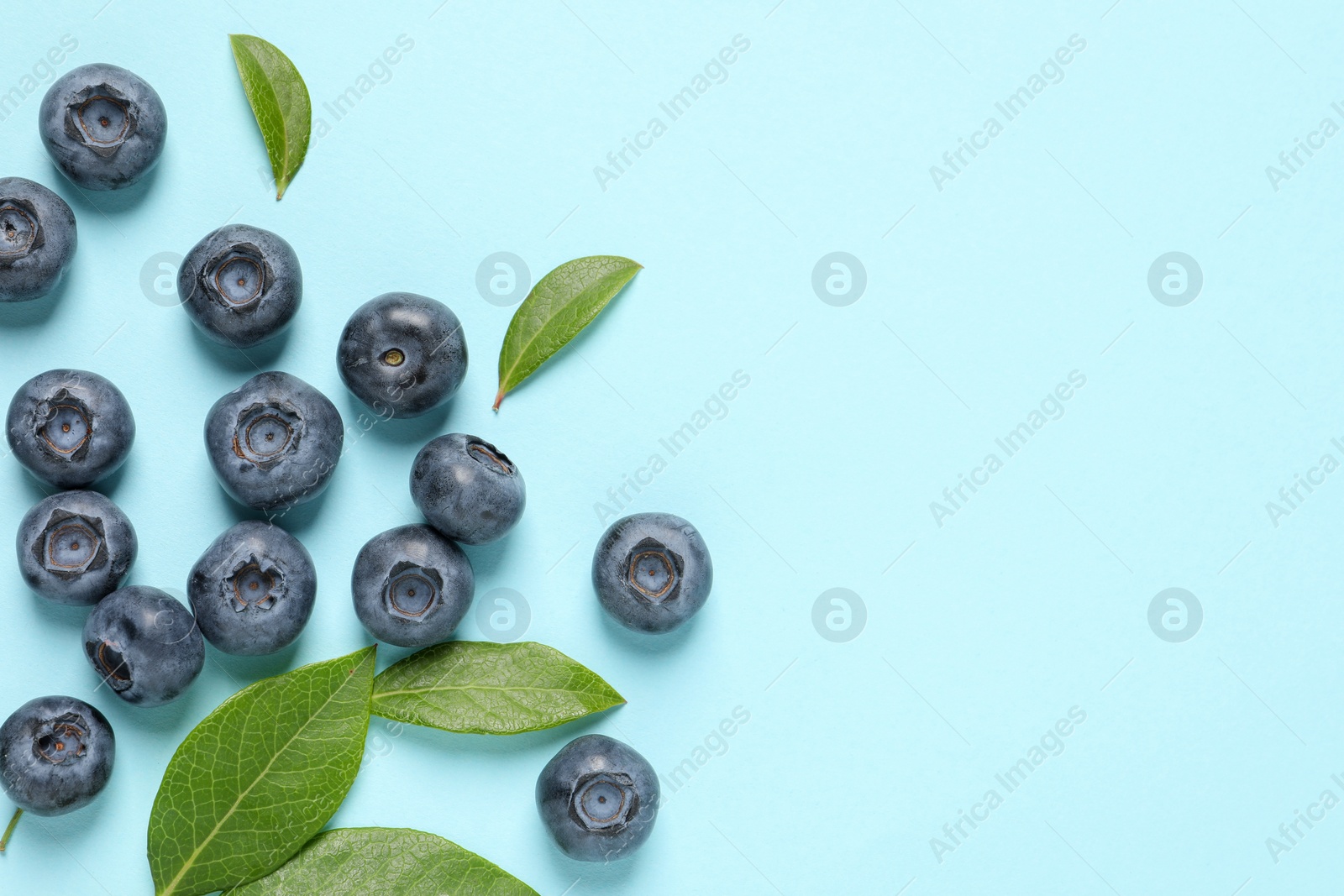 Photo of Tasty fresh blueberries with green leaves on light blue background, flat lay. Space for text