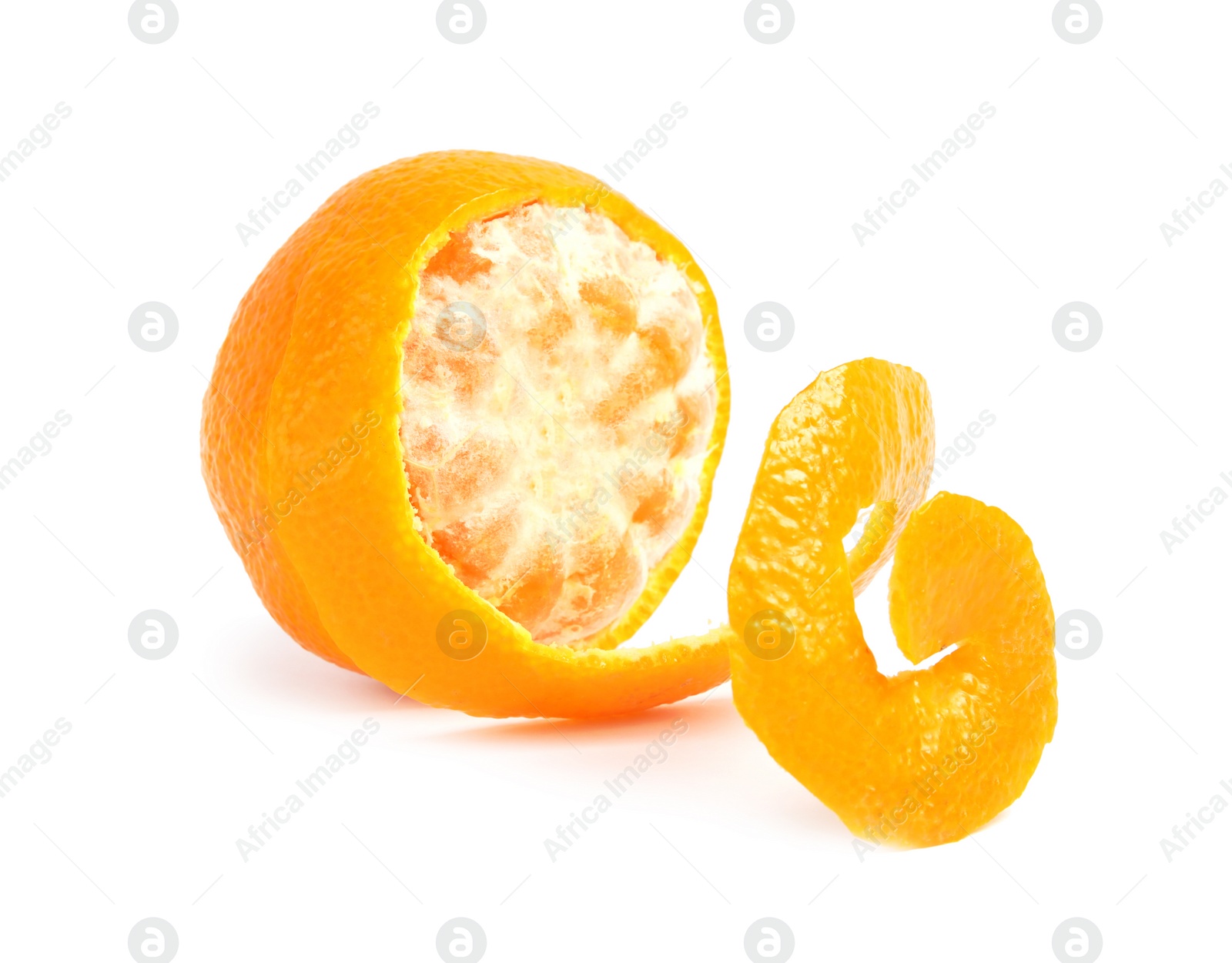 Photo of Peel and ripe tangerine on white background. Citrus fruit