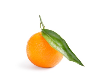 Tasty ripe tangerine with leaf on white background