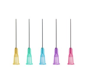 Disposable syringe needles on white background, collage. Medical equipment