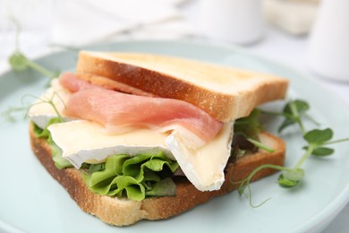 Photo of Tasty sandwich with brie cheese and prosciutto on plate, closeup