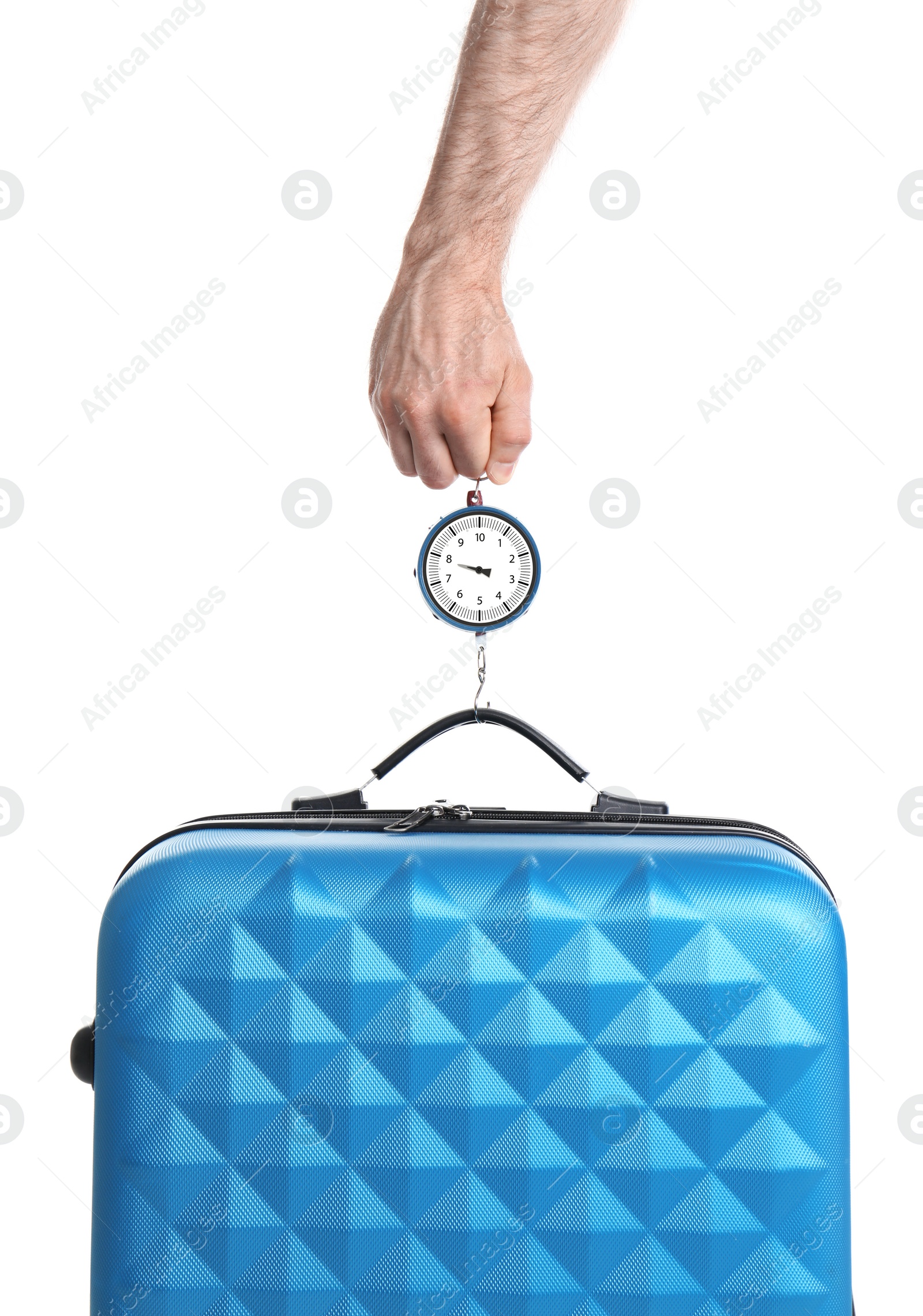 Photo of Man weighing stylish suitcase against white background, closeup