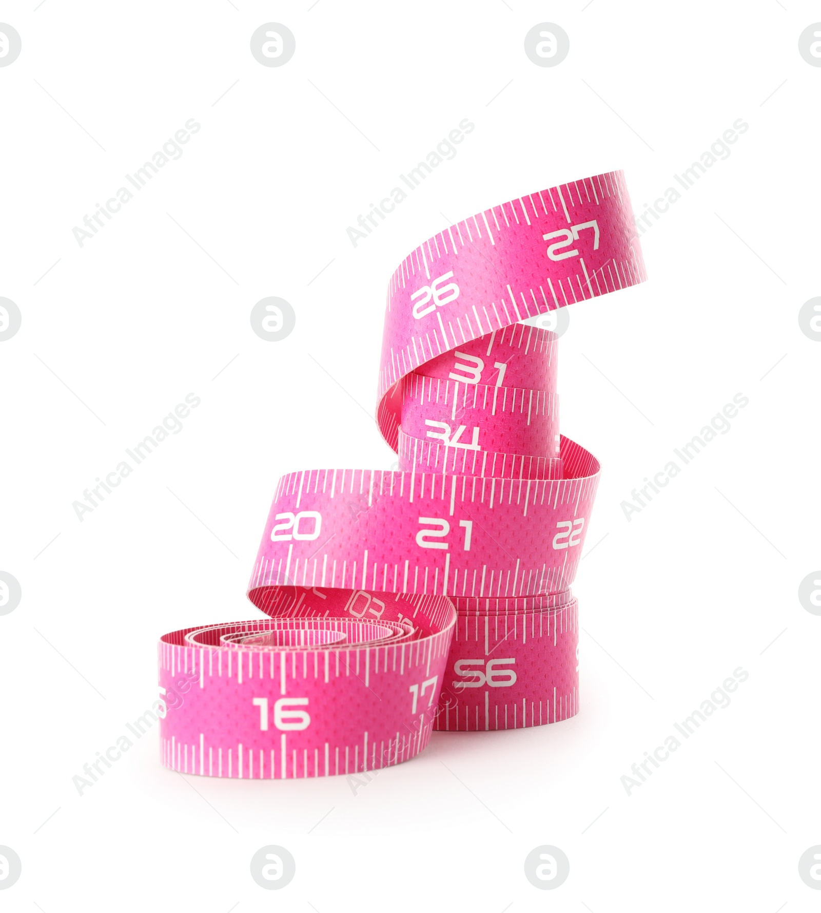 Photo of New pink measuring tape isolated on white