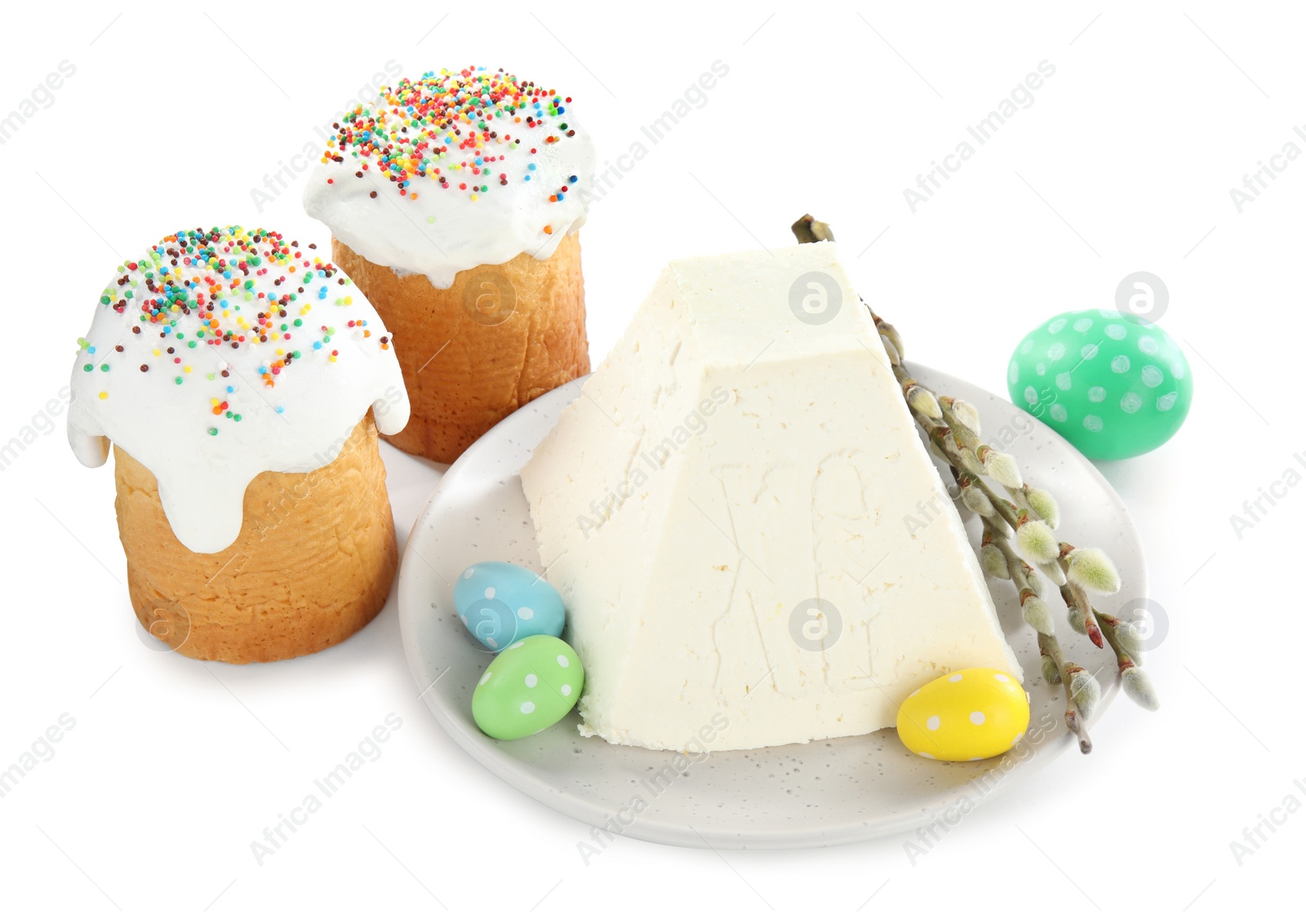 Photo of Composition with traditional cottage cheese Easter paskha on white background