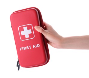 Photo of Woman holding first aid kit on white background, closeup