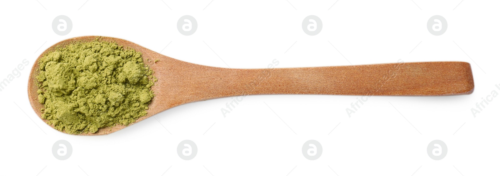 Photo of Henna powder in wooden spoon isolated on , top view