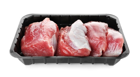 Plastic container with raw meat on white background