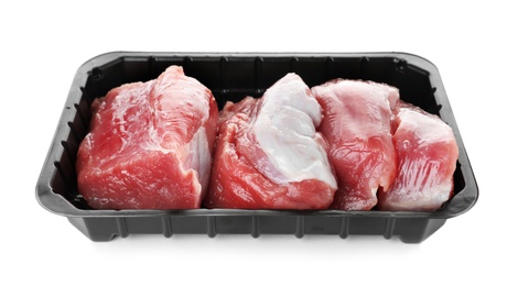 Photo of Plastic container with raw meat on white background