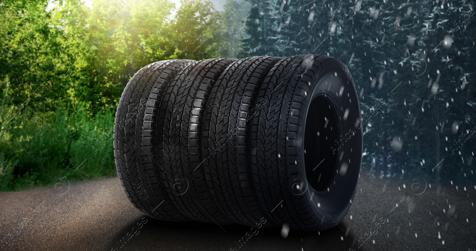 Image of Set of new winter and summer tires on asphalt road, collage. Banner design