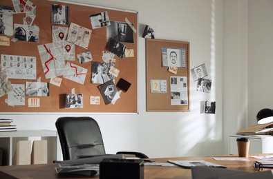 Detective office interior with big wooden desk and evidence board