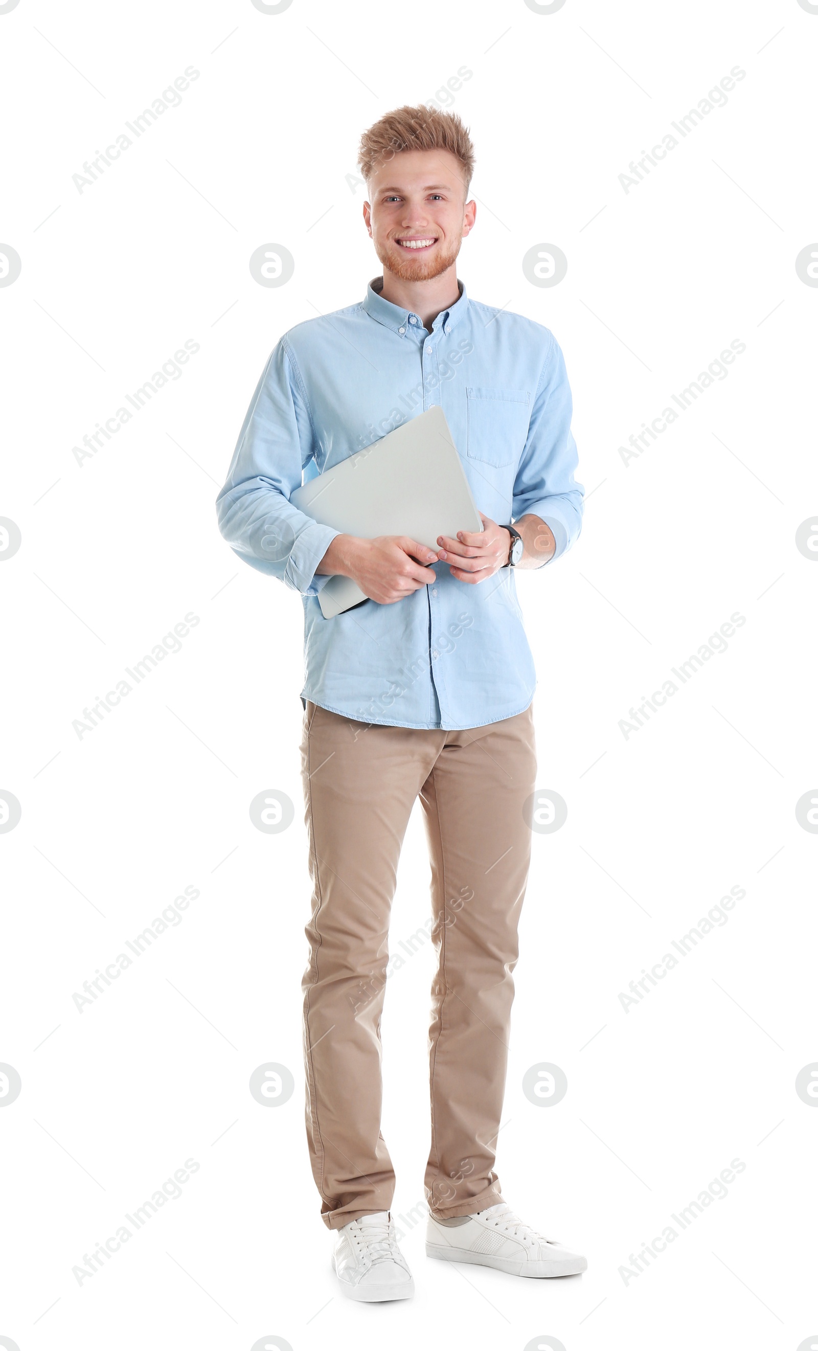 Photo of Young man with laptop on white background