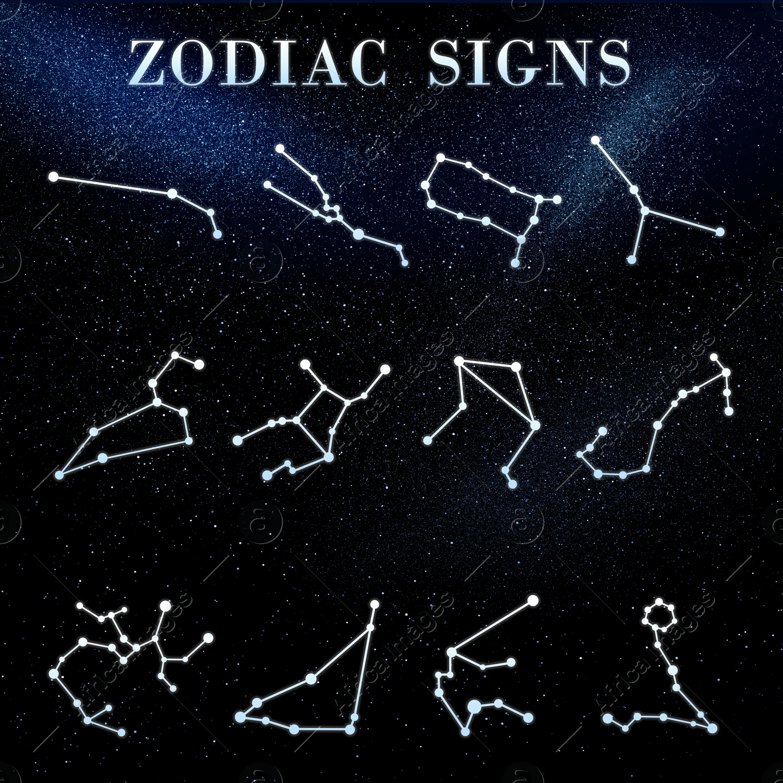 Illustration of Set with zodiac constellations against night sky with stars