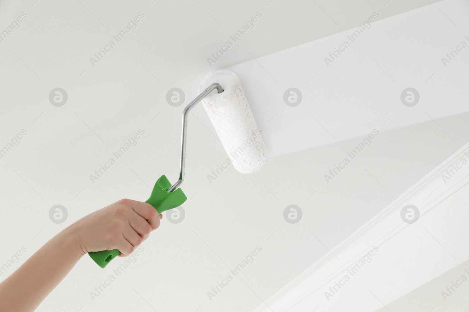 Photo of Woman painting ceiling with white dye indoors, closeup