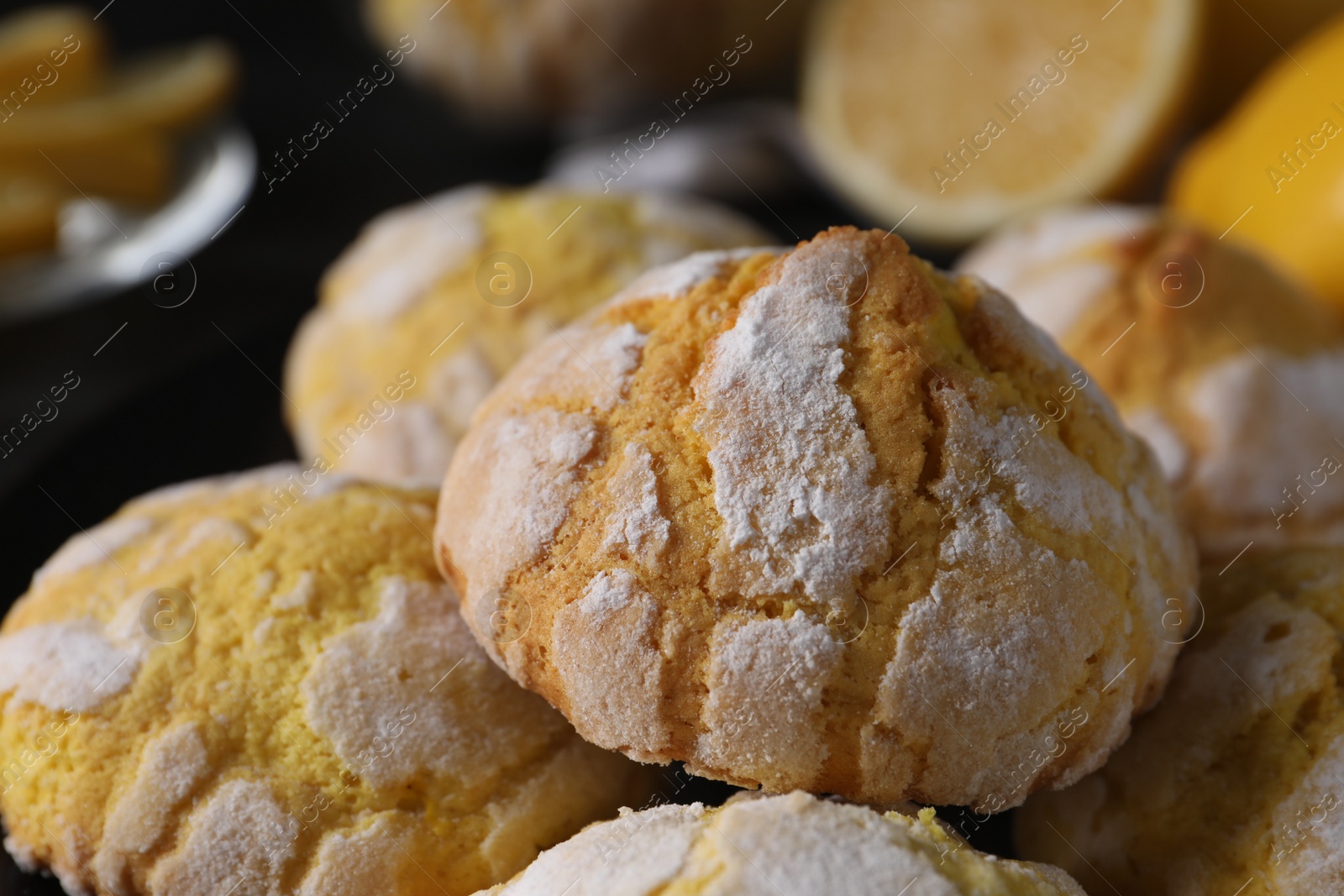 Photo of Fresh delicious lemon cookies on table, closeup