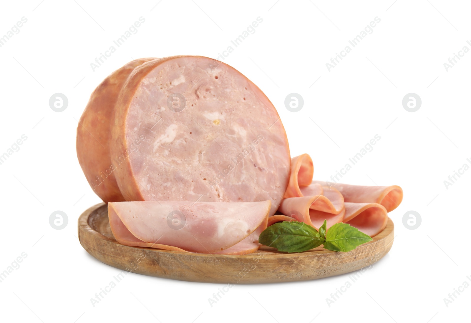 Photo of Tasty fresh ham with basil isolated on white