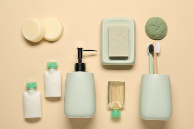 Bath accessories. Flat lay composition with personal care products on beige background