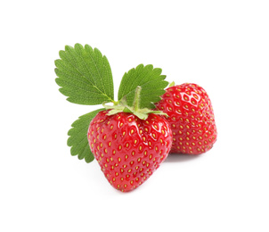 Photo of Sweet fresh ripe strawberries with green leaves on white background