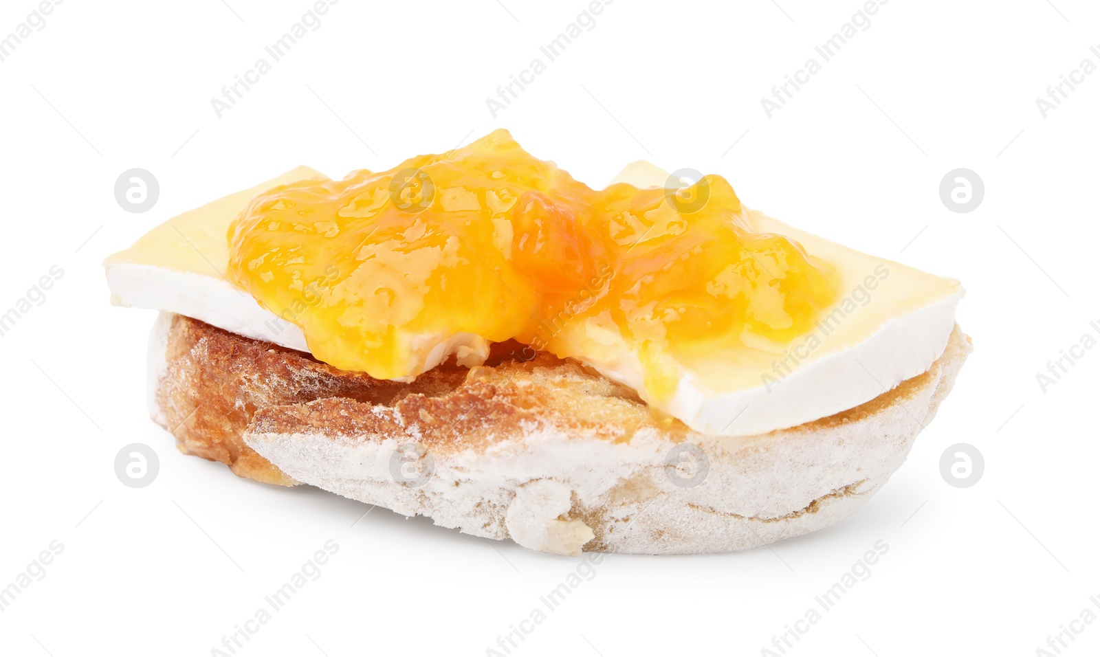 Photo of Tasty sandwich with brie cheese and apricot jam isolated on white