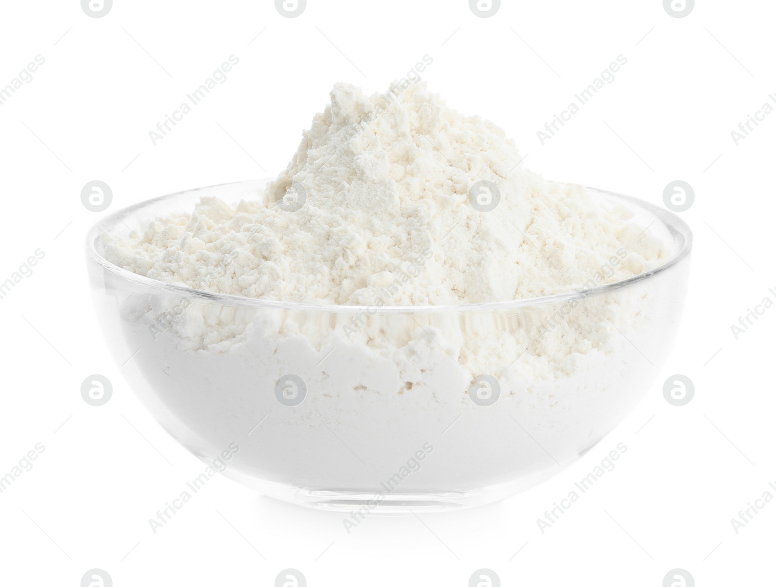 Photo of Organic flour in glass bowl isolated on white