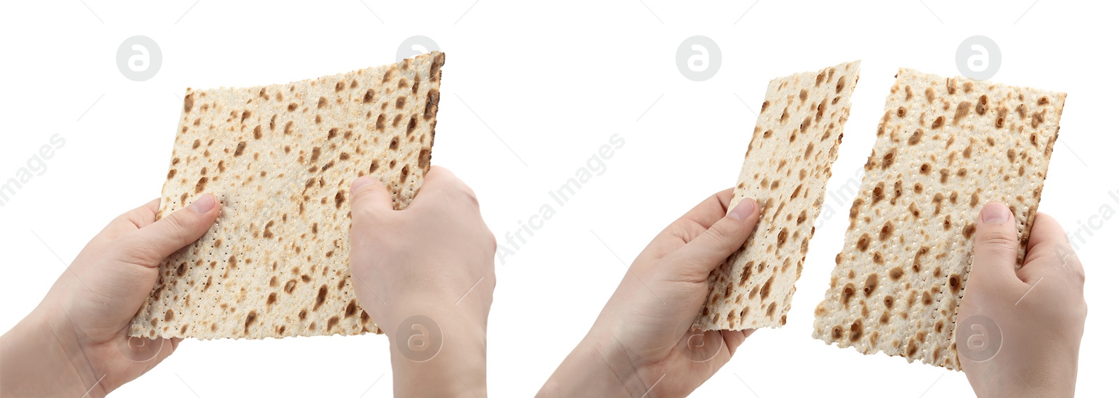 Image of Collage with photos of women holding matzos on white background, closeup. Pesach (Passover) celebration