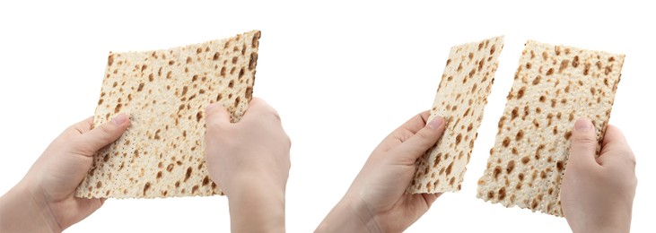 Image of Collage with photos of women holding matzos on white background, closeup. Pesach (Passover) celebration