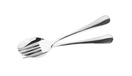Photo of Clean shiny fork and spoon isolated on white. Cooking utensils