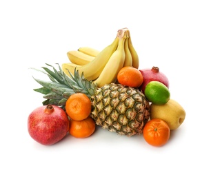 Photo of Set of fresh tropical fruits on white background