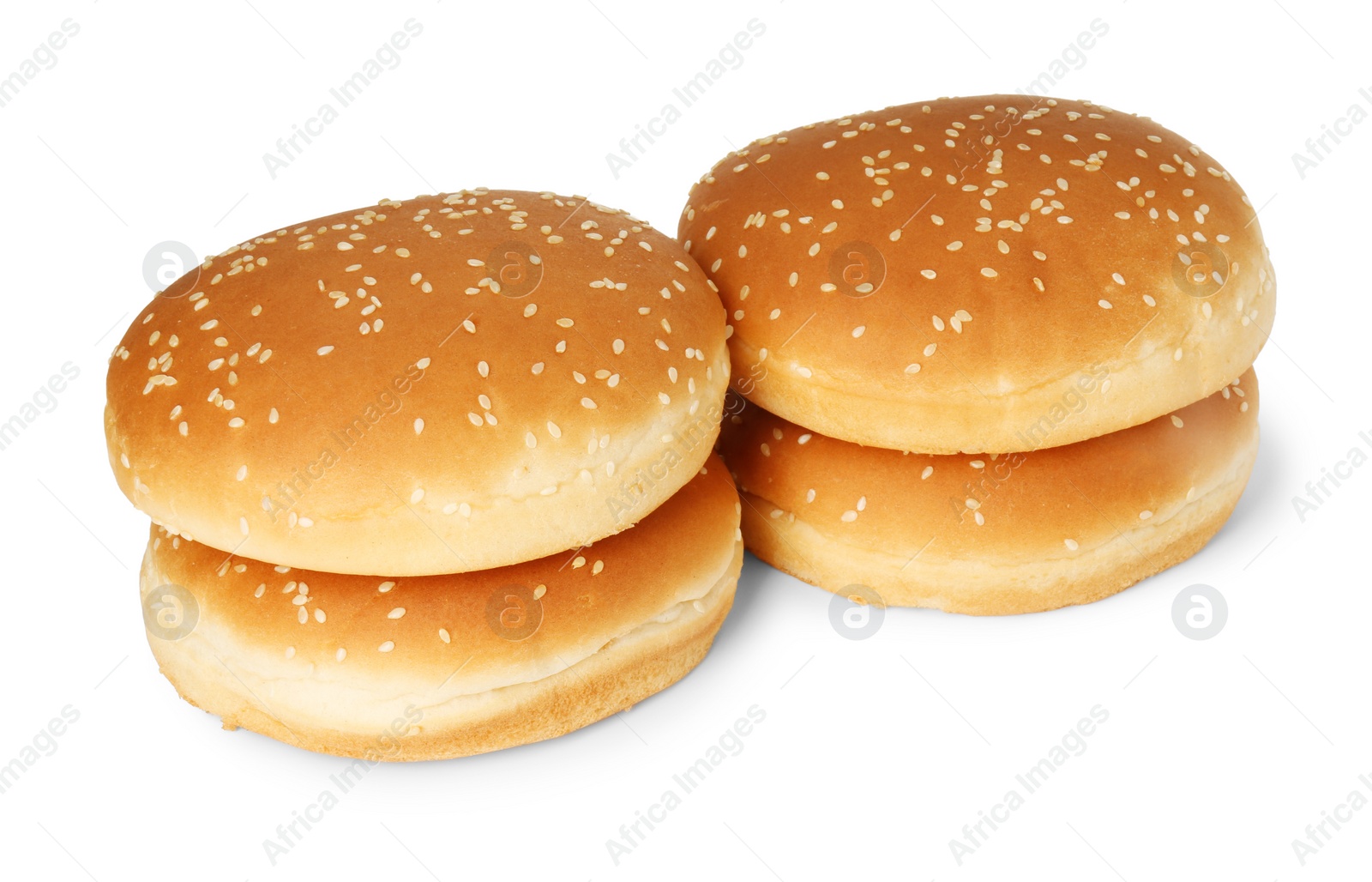 Photo of Many fresh hamburger buns isolated on white