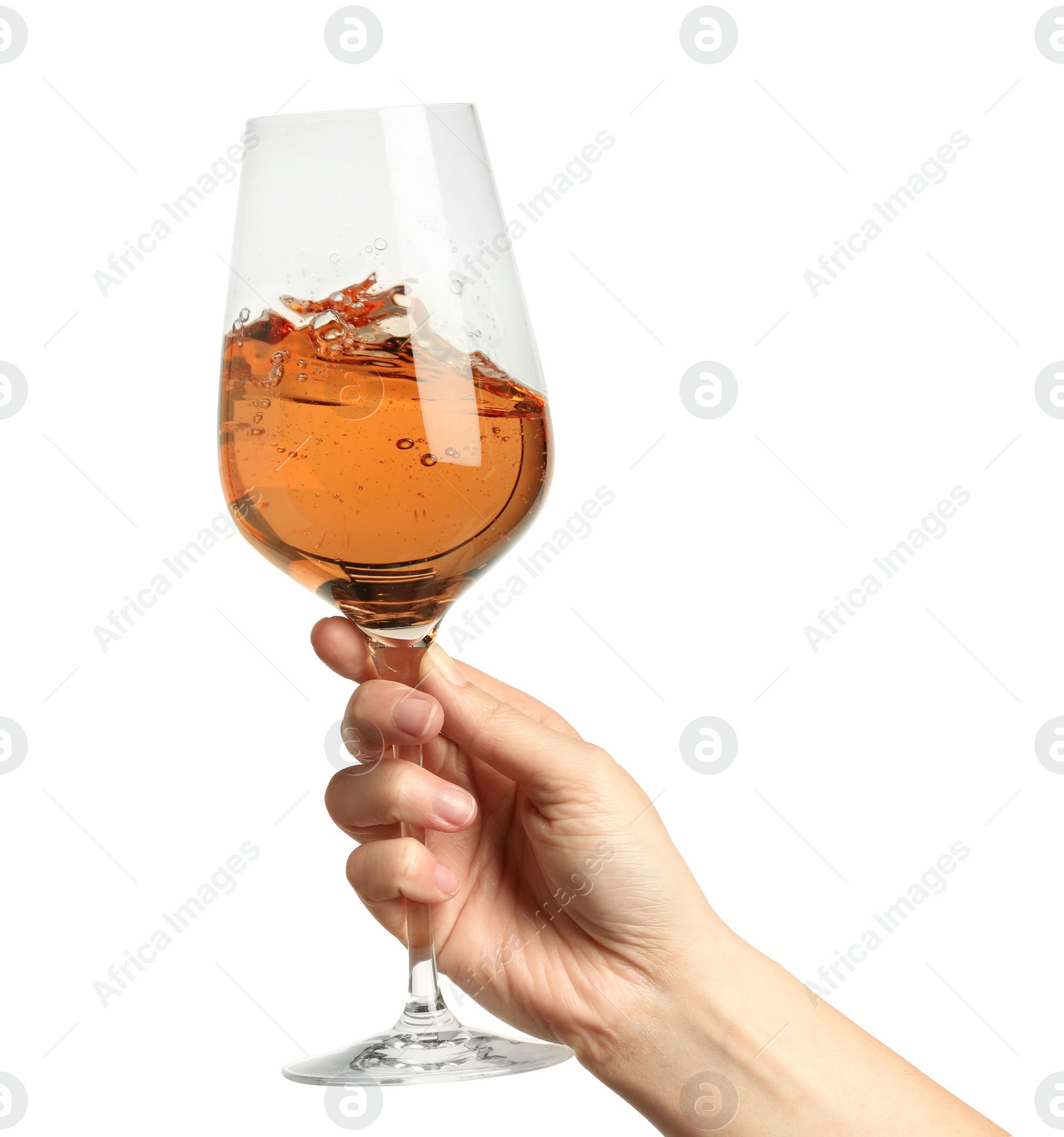 Photo of Woman with glass of rose wine isolated on white, closeup