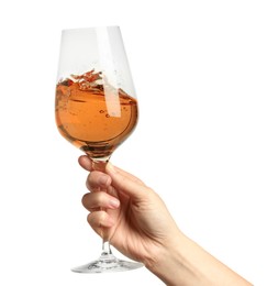 Woman with glass of rose wine isolated on white, closeup